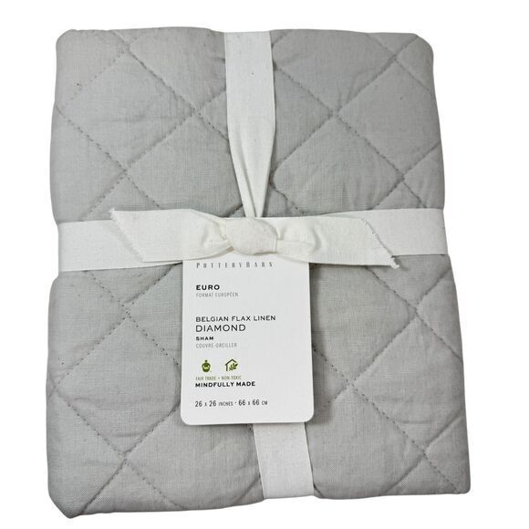 Pottery Barn Belgian Flax Linen Sham EURO  Diamond Quilted Pillow‎ Soft Gray NEW - Picture 1 of 5